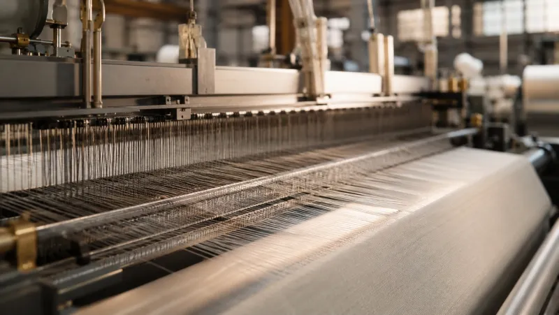 Fine warp threads running toward the woven cloth on an industrial loom in a Keqiao textile mill