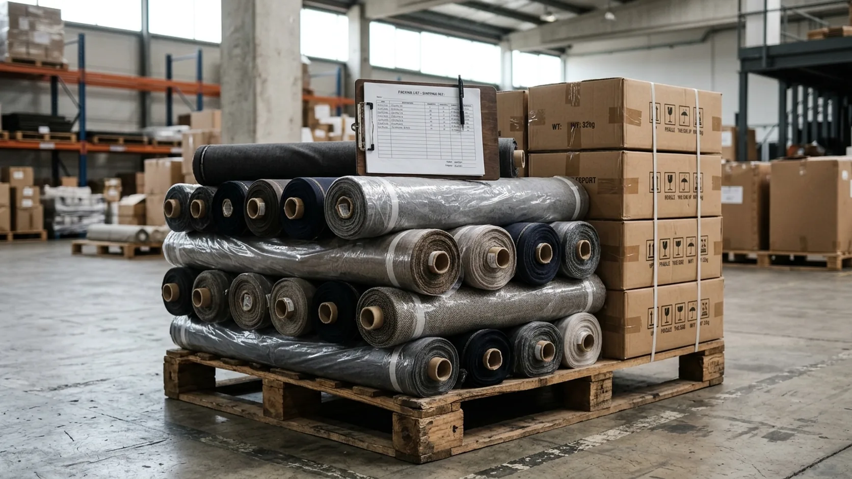 Rolled bolts of suiting fabric stacked on wooden pallets next to a packing list and shipping cartons, ready for export from a Keqiao warehouse