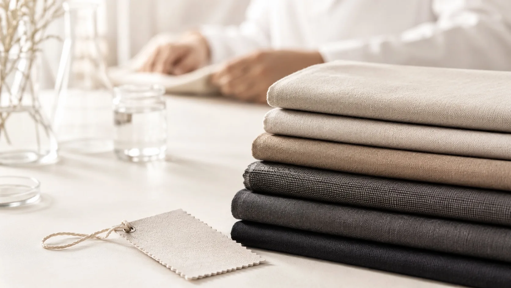 Neatly folded fine suiting fabric swatches in neutral tones beside a fabric sample tag