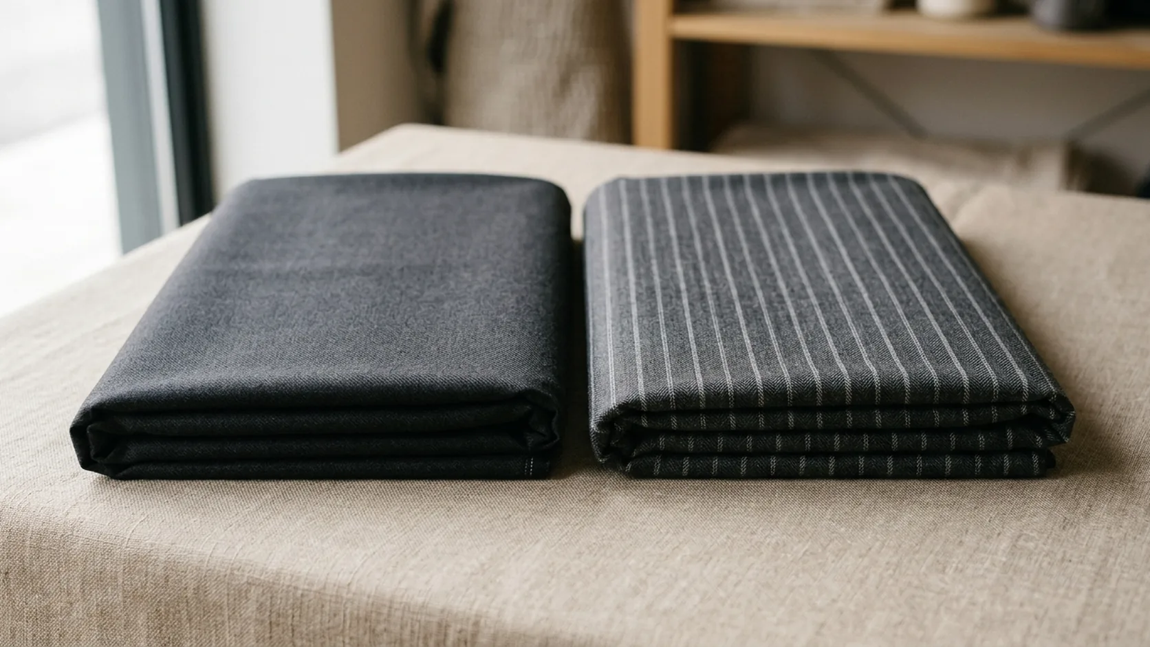 Two bolts of suiting fabric side by side, one a solid piece-dyed twill and the other a yarn-dyed pinstripe with the woven-in stripe pattern visible