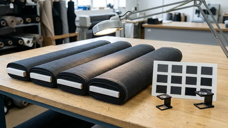 A quality inspector checking suiting fabric for even shade under bright lamps on an inspection table, with several rolls from the same lot stacked alongside for comparison